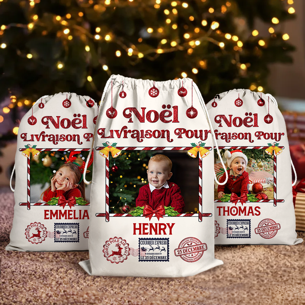 Hotte de Noël - Sac de Noël Personnalisé avec Photo et Nom - Sac du Père Noël Personnalisé