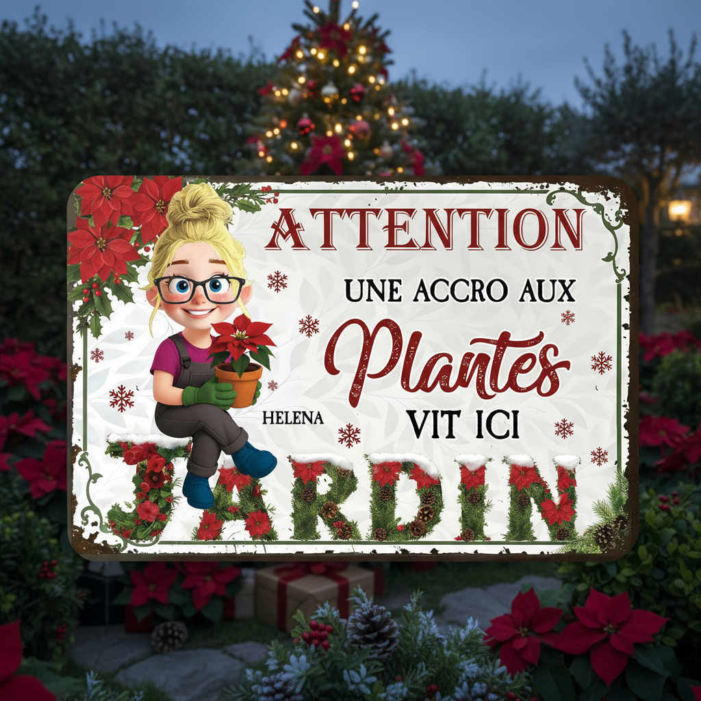 Attention ! Une Accro Aux Plantes Vit ici Bienvenue Au Jardin Noël – Plaque En Métal Personnalisée