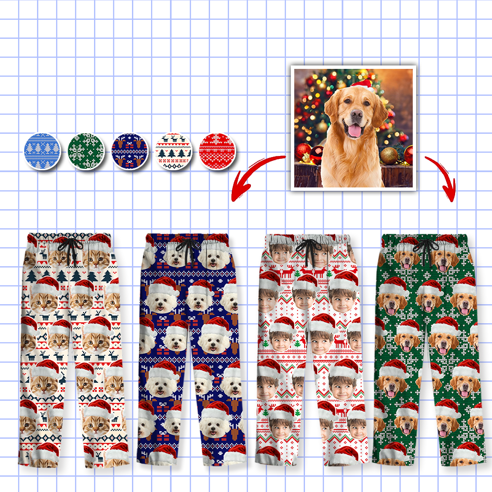 Pyjamas Personnalisés avec Photo de Chat pour Noël - Set Pyjamas Personnalisés avec Visage Humain - Chien & Chat