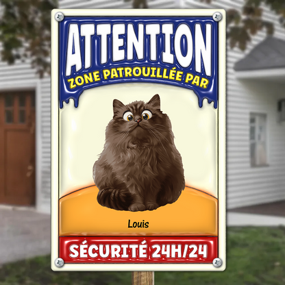 Attention Zone Patrouillée Par Chats Sécurité 24H/24 - Plaque En Métal Personnalisée