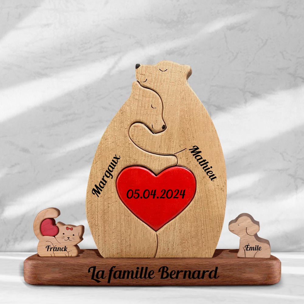 Membres De Famille D'ours En Bois, Avec Chiens Et Chats - Puzzle Personnalisé De Famille D'ours En Bois - Sculptures En Bois Pour Animaux De Compagnie