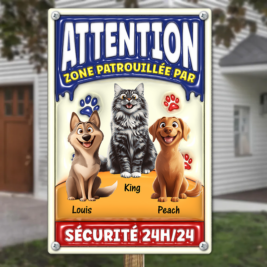 Attention Zone Patrouillée Par Chiens et Chats Sécurité 24H/24 - Plaque En Métal Personnalisée