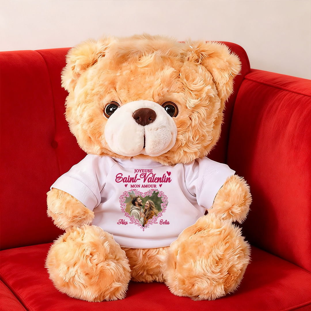 Joyeuse Saint-Valentin Mon Amours - Ours En Peluche en T-shirt Personnalisé avec Photo