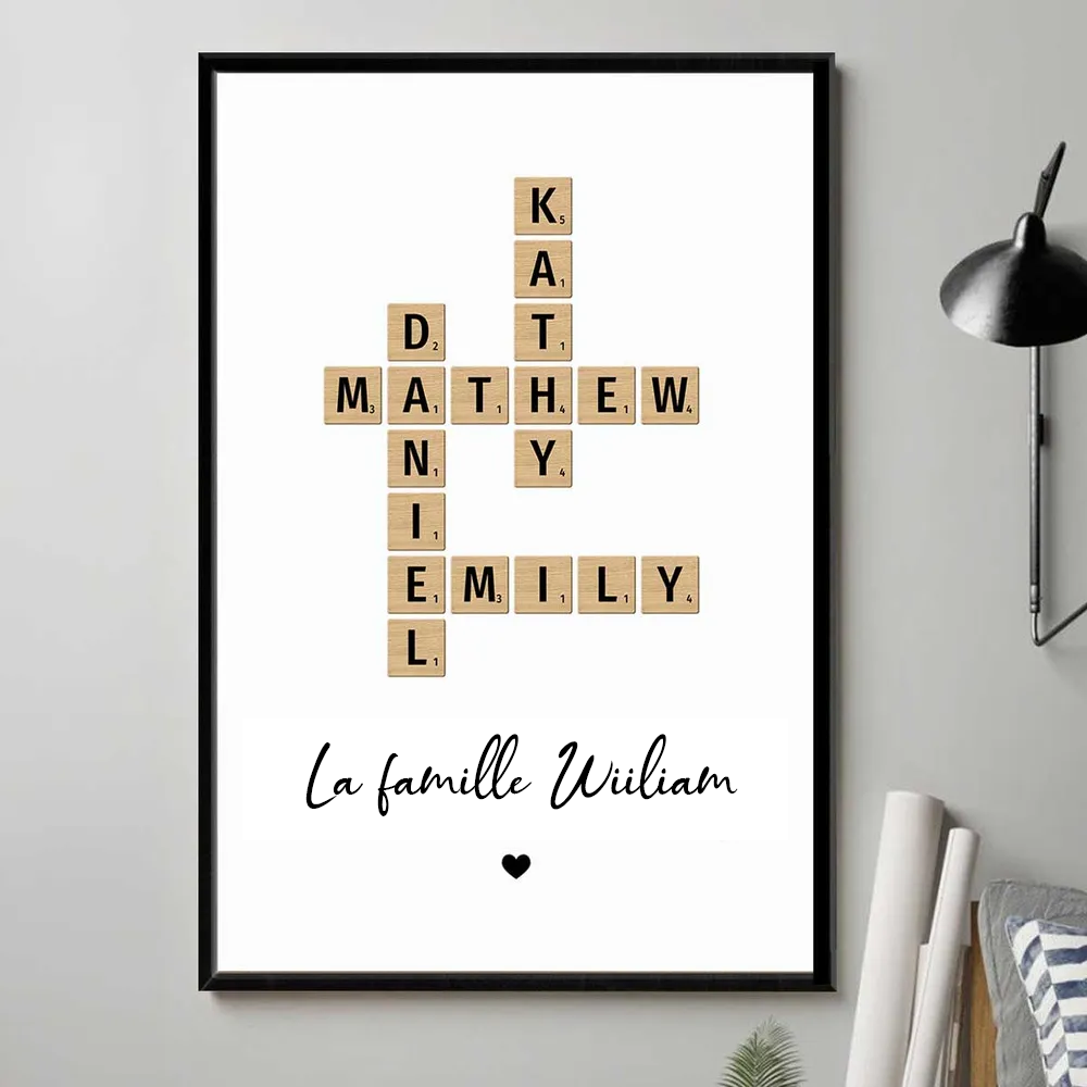 Mots croisés familiaux - Affiche de mots croisés - Impression sur toile personnalisée - Cadeau familial