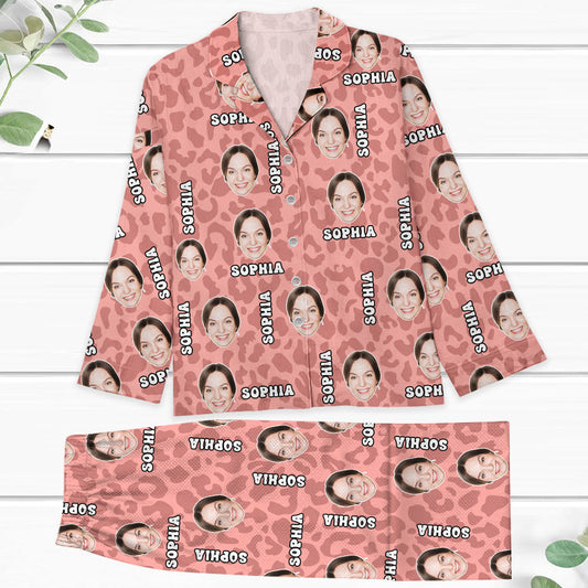 Ensemble de Pyjama à Motif Léopard Personnalisé avec Visage - Pyjama Imprimé Léopard Personnalisé avec Photo