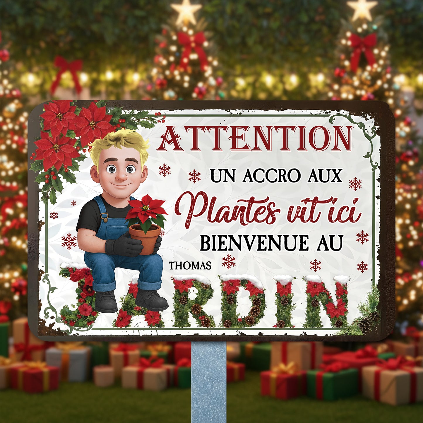 Attention ! Un Accro Aux Plantes Vit ici Bienvenue Au Jardin Noël – Plaque En Métal Personnalisée