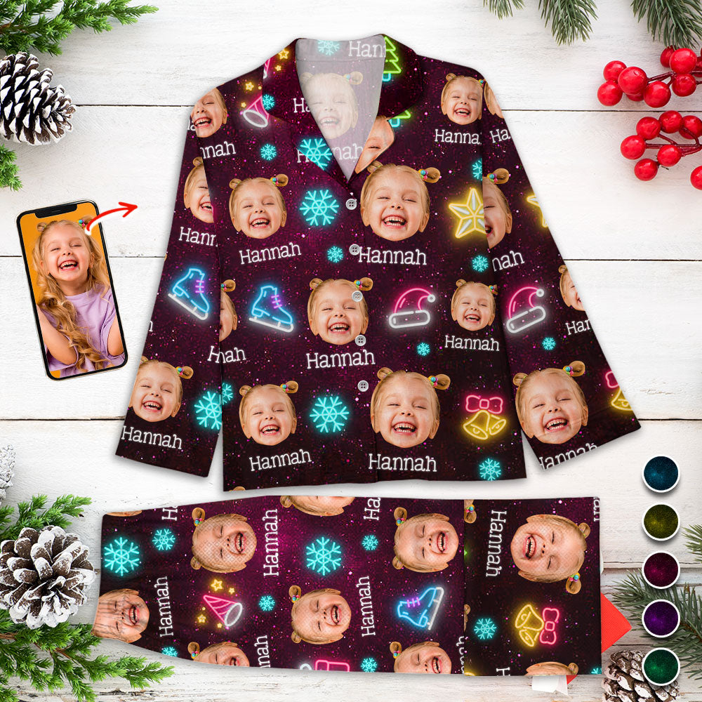 Ensemble de Pyjama de Noël Drôle avec Visage et Lumières - Pyjama de Noël Personnalisé avec Photo