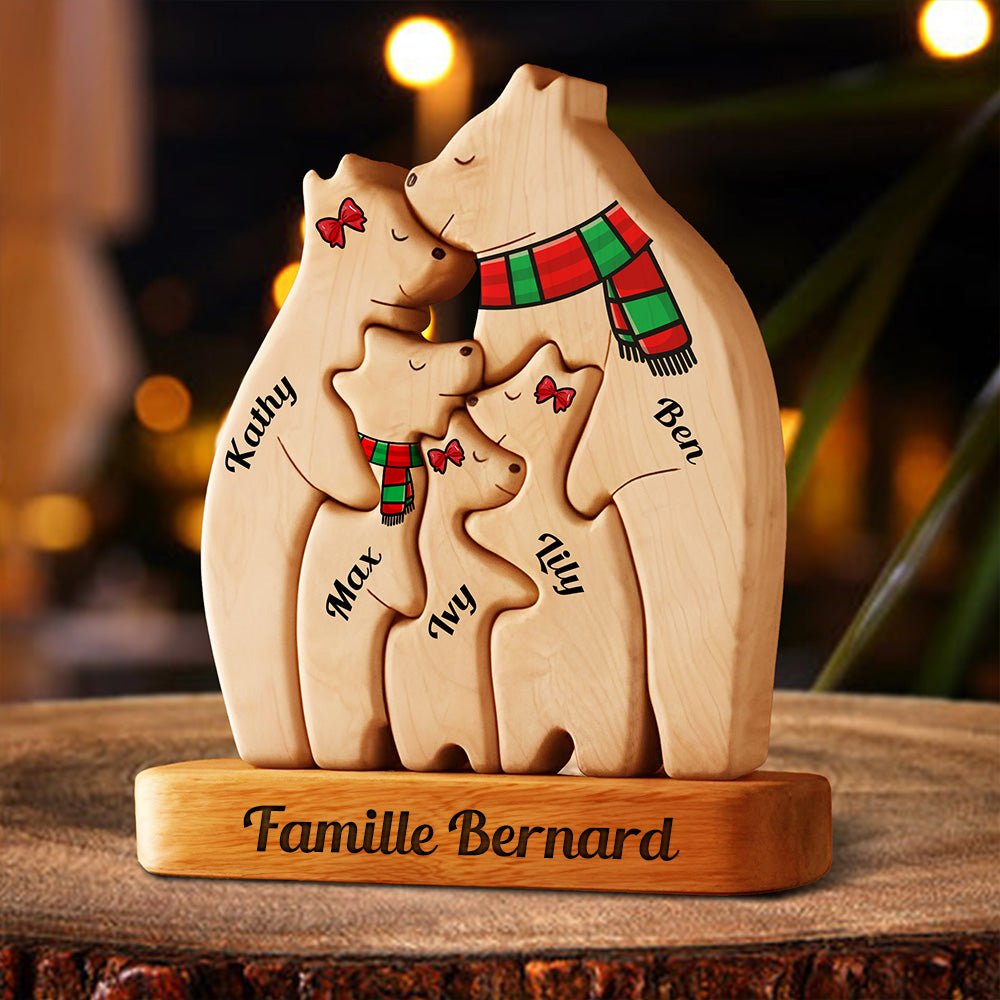 Puzzle De Famille D'Ours En Bois Personnalisé, Puzzle D'Ours en Bois avec Écharpe, Cadeaux Souvenirs de Famille pour Noël