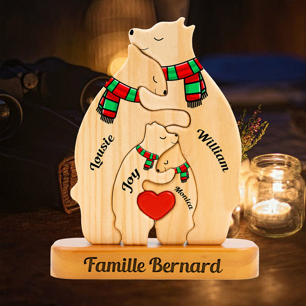 Puzzle De Famille D'Ours En Bois Personnalisé, Puzzle D'Ours en Bois avec Écharpe, Cadeaux Souvenirs de Famille pour Noël