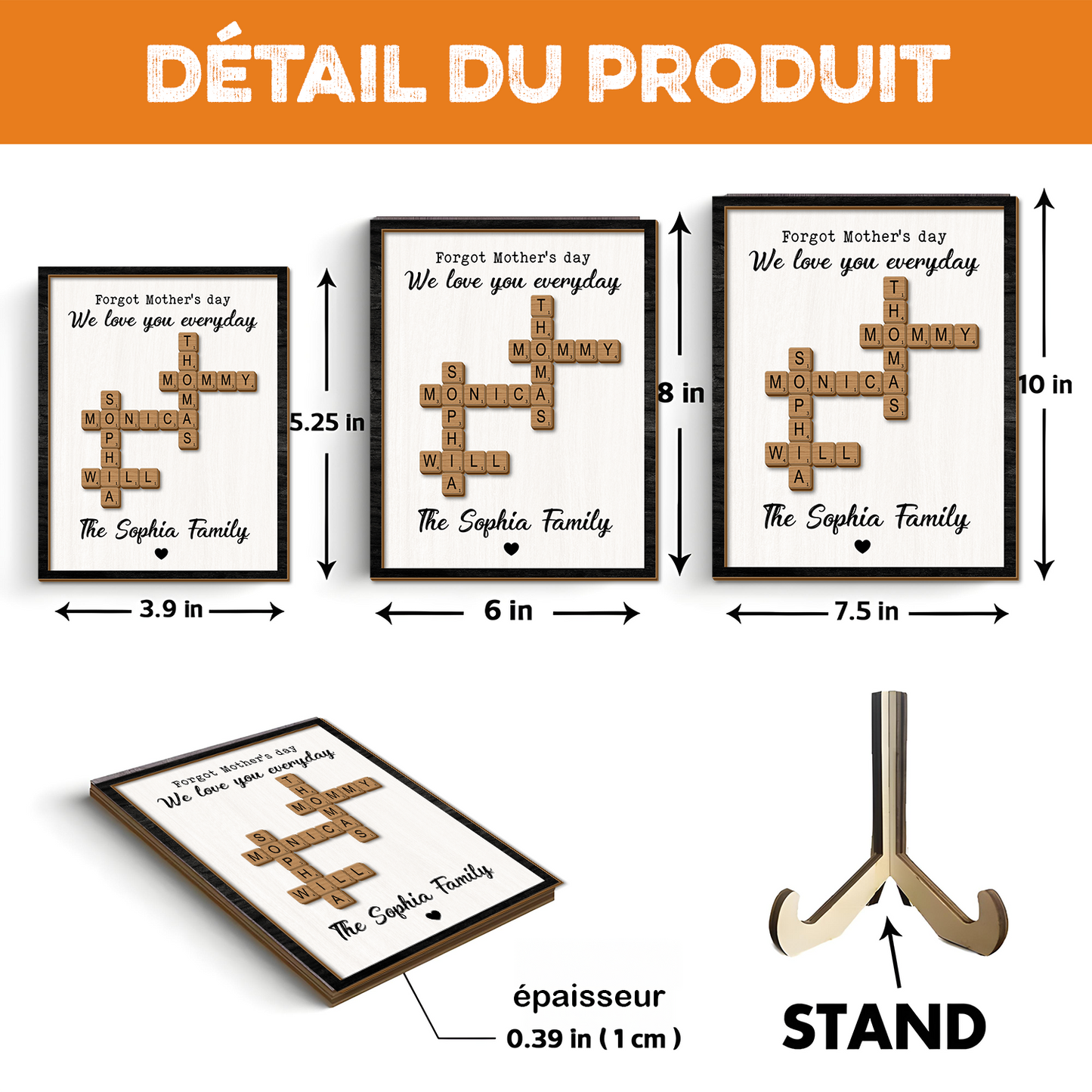 Panneau Personnalisé avec Nom de Famille - Panneau en bois de mots croisés Scrabble - Cadeau personnalisé pour la famille (Color)