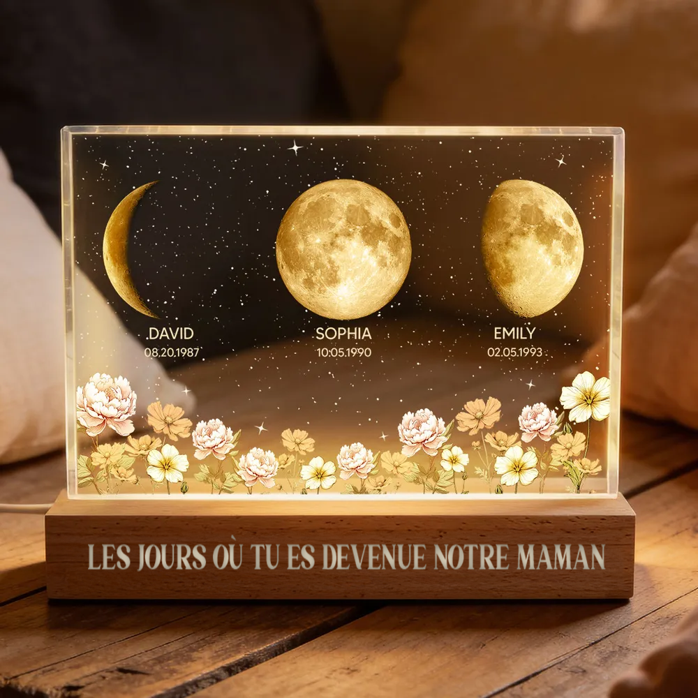 Le jour où tu es devenue notre maman – Veilleuse LED personnalisée – Phase de lune par date – Bloc acrylique – Fleurs de naissance