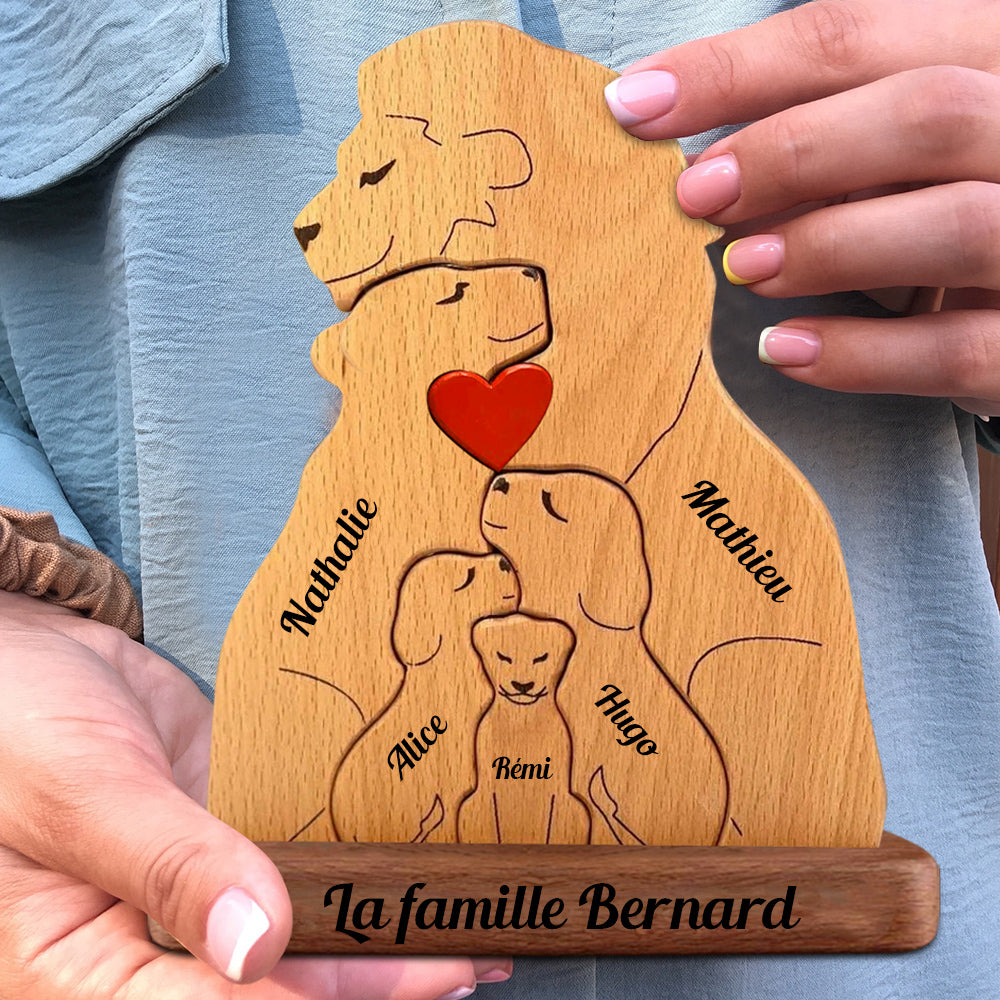 Famille De Lion Personnalisée En Bois - Puzzle De Famille En Bois - Sculptures En Bois Pour Animaux De Compagnie