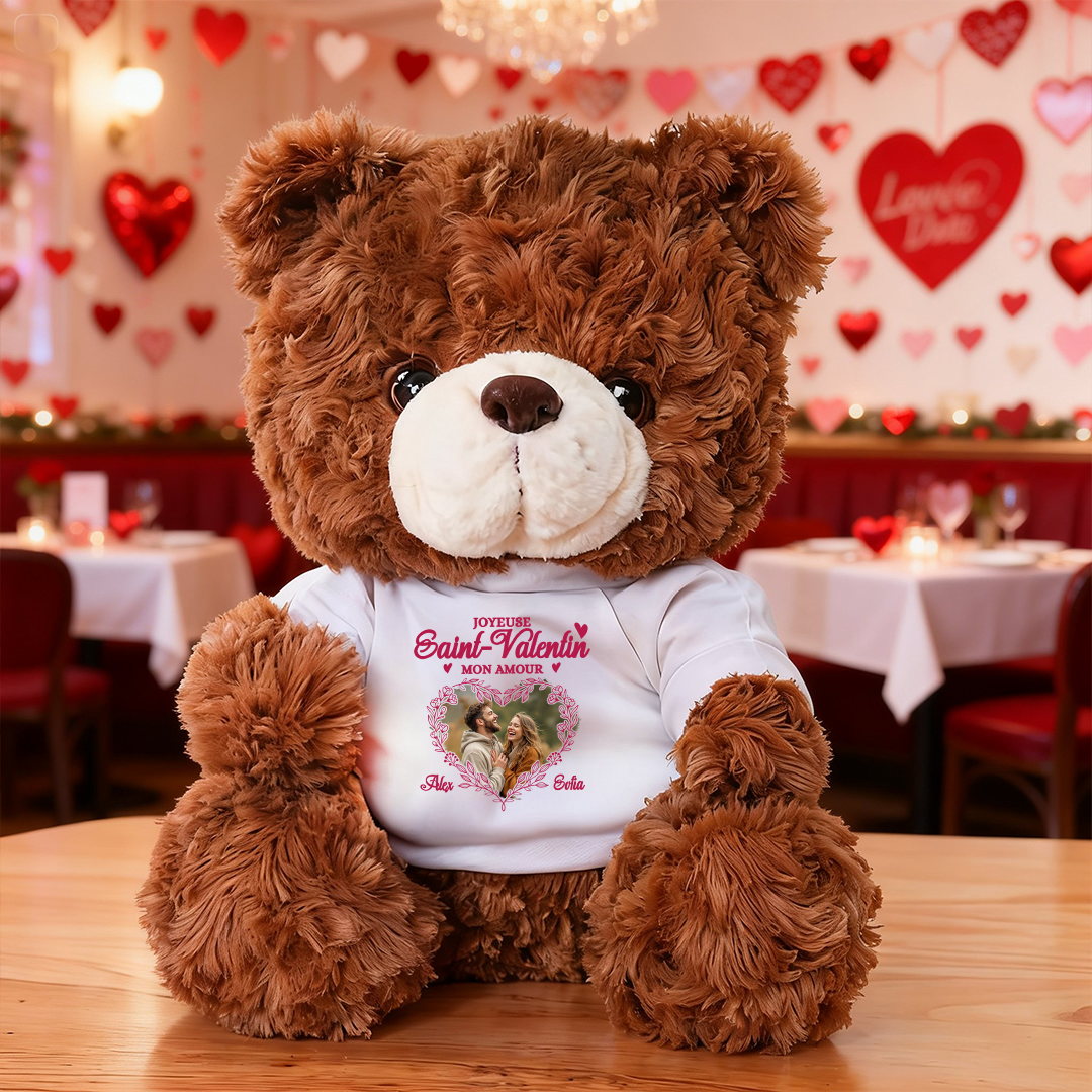 Joyeuse Saint-Valentin Mon Amours - Ours En Peluche en T-shirt Personnalisé avec Photo