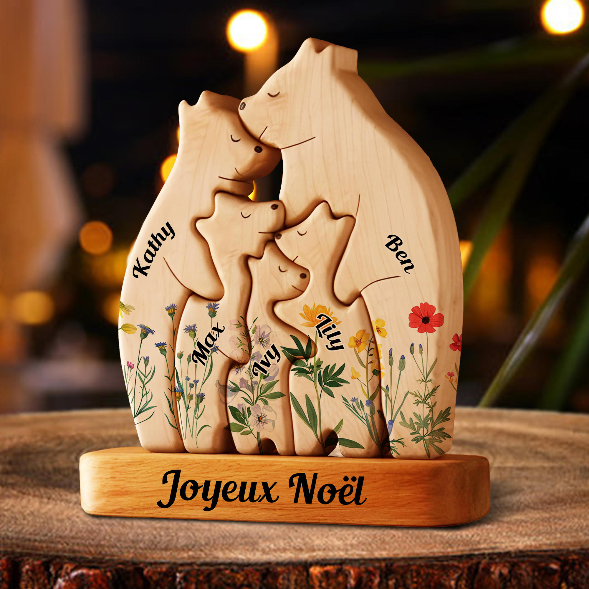 Puzzle en Bois Famille d’Ours avec Noms - Souvenir de Famille - Cadeau pour la Fête des Mères, Thanksgiving, Noël