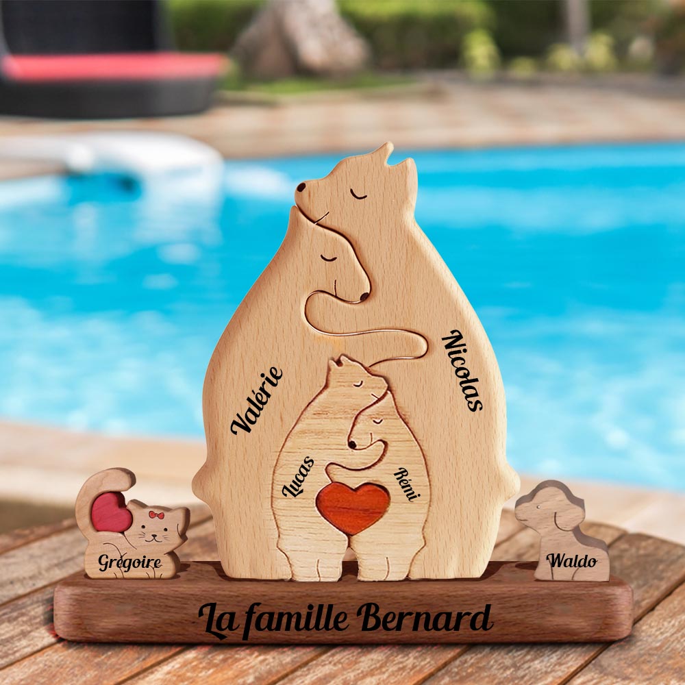 Membres De Famille D'ours En Bois, Avec Chiens Et Chats - Puzzle Personnalisé De Famille D'ours En Bois - Sculptures En Bois Pour Animaux De Compagnie