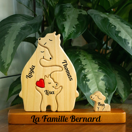 Membres De Famille D'ours En Bois, Avec Chiens Et Chats - Puzzle Personnalisé De Famille D'ours En Bois - Sculptures En Bois Pour Animaux De Compagnie