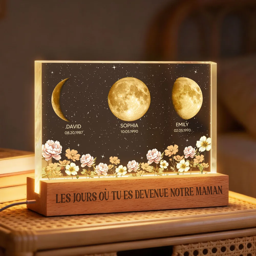 Le jour où tu es devenue notre maman – Veilleuse LED personnalisée – Phase de lune par date – Bloc acrylique – Fleurs de naissance