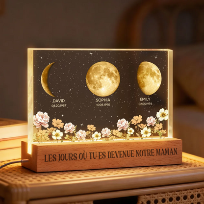 Le jour où tu es devenue notre maman – Veilleuse LED personnalisée – Phase de lune par date – Bloc acrylique – Fleurs de naissance