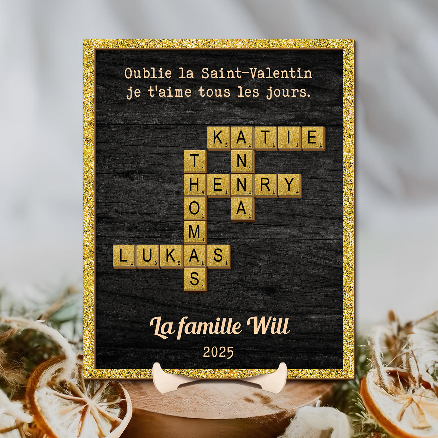 Panneau Personnalisé avec Nom de Famille - Panneau en bois de mots croisés Scrabble - Cadeau personnalisé pour la famille (Color)