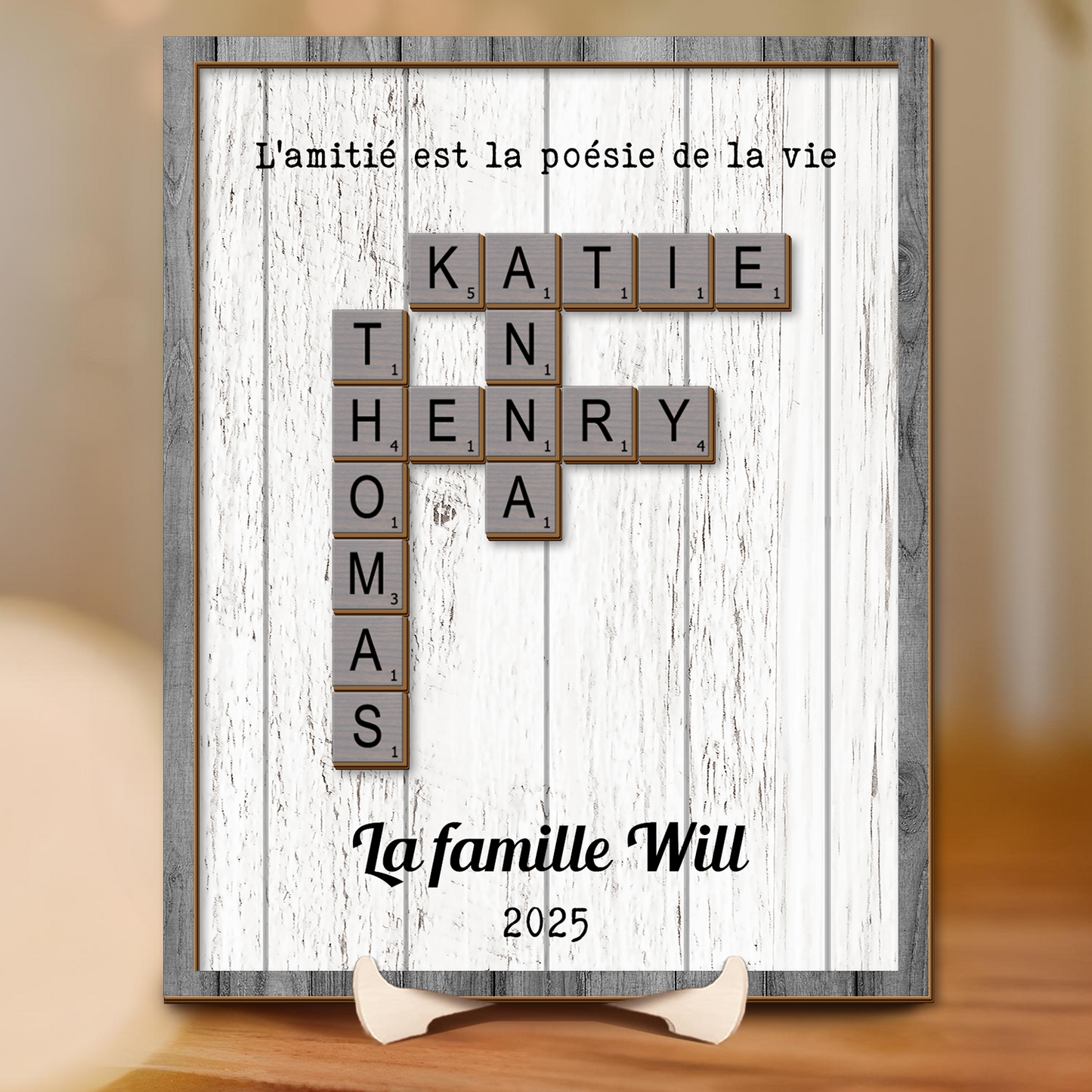 Panneau Personnalisé avec Nom de Famille - Panneau en bois de mots croisés Scrabble - Cadeau personnalisé pour la famille (Color)