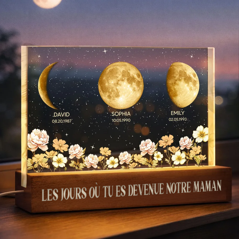 Le jour où tu es devenue notre maman – Veilleuse LED personnalisée – Phase de lune par date – Bloc acrylique – Fleurs de naissance