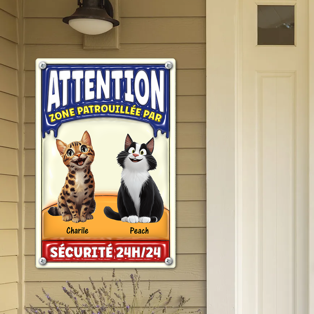 Attention Zone Patrouillée Par Chats Sécurité 24H/24 - Plaque En Métal Personnalisée