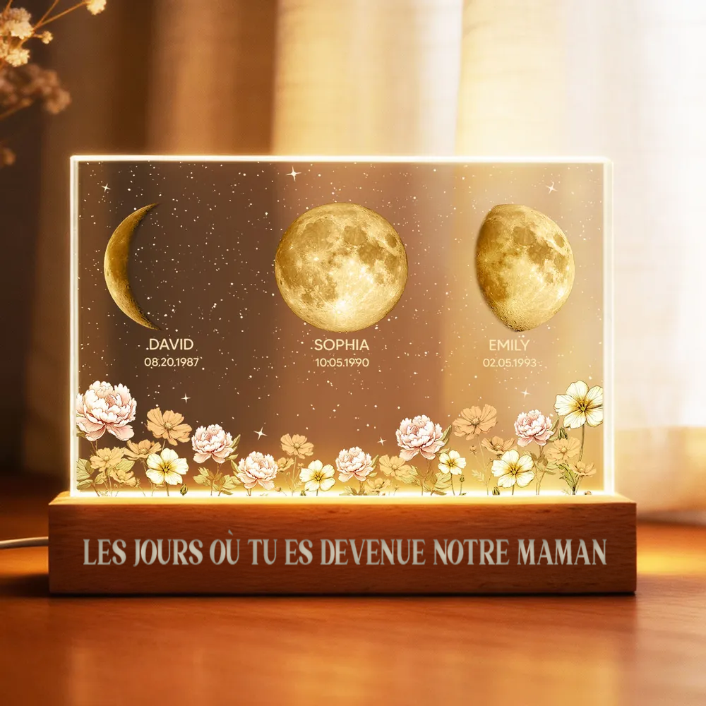 Le jour où tu es devenue notre maman – Veilleuse LED personnalisée – Phase de lune par date – Bloc acrylique – Fleurs de naissance