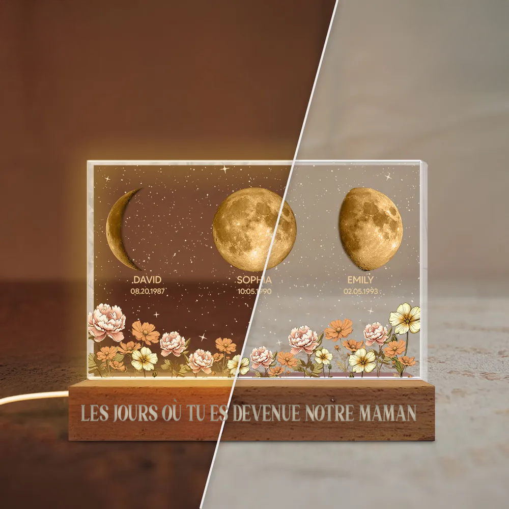 Le jour où tu es devenue notre maman – Veilleuse LED personnalisée – Phase de lune par date – Bloc acrylique – Fleurs de naissance
