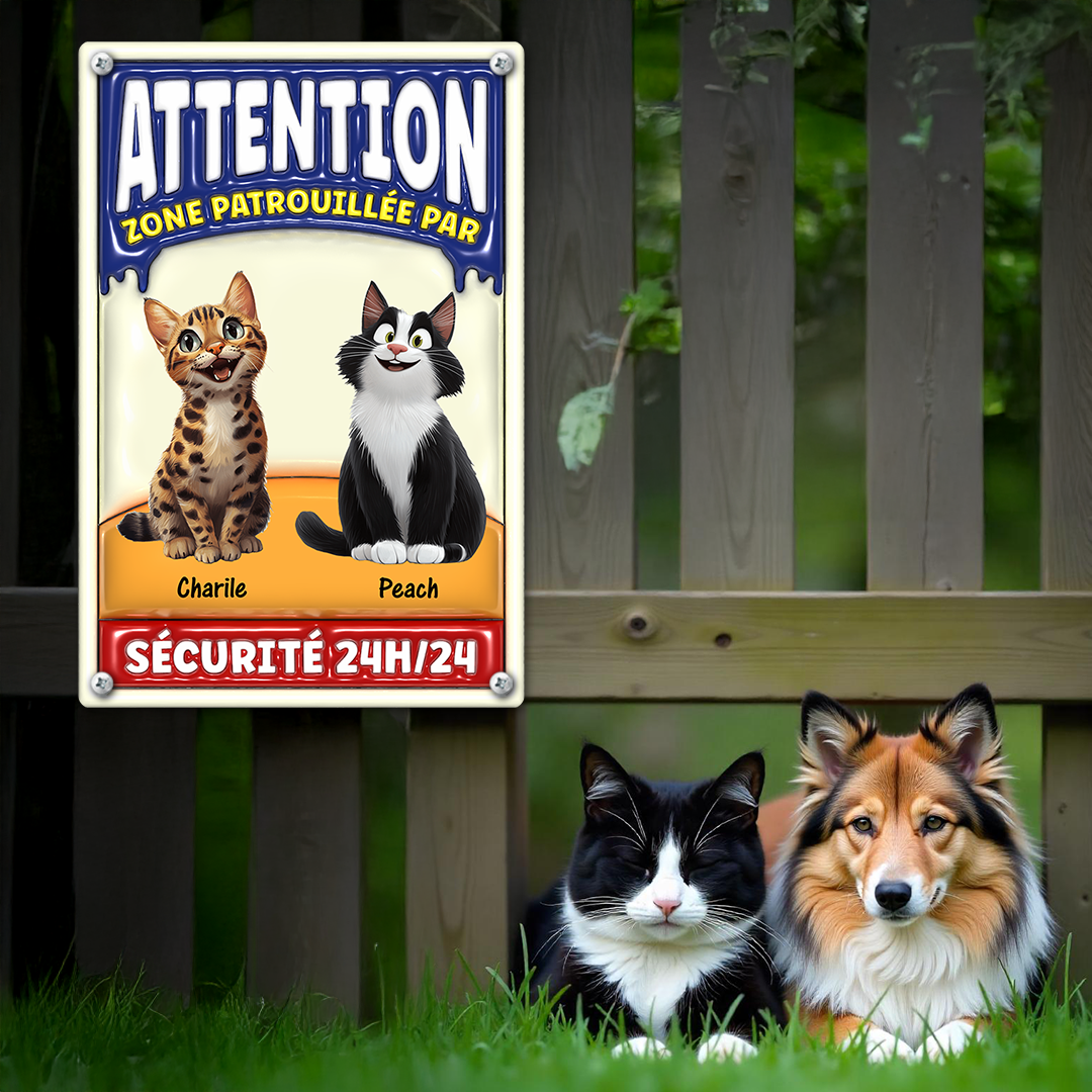 Attention Zone Patrouillée Par Chats Sécurité 24H/24 - Plaque En Métal Personnalisée