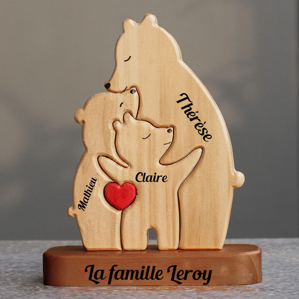 Puzzle Personnalisé De Famille Monoparentale Avec Support - Puzzle De Famille D'ours En Bois - Sculptures D'animaux En Bois