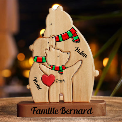 Famille Monoparentale Personnalisée avec Socle - Puzzle D'Ours en Bois avec Écharpe - Sculptures d'Animaux en Bois de Noël