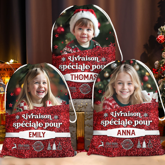 Hottes du Père Noël Personnalisées - Sac Cadeau de Noël Personnalisé avec Nom - Hotte Livraison du Père Noël