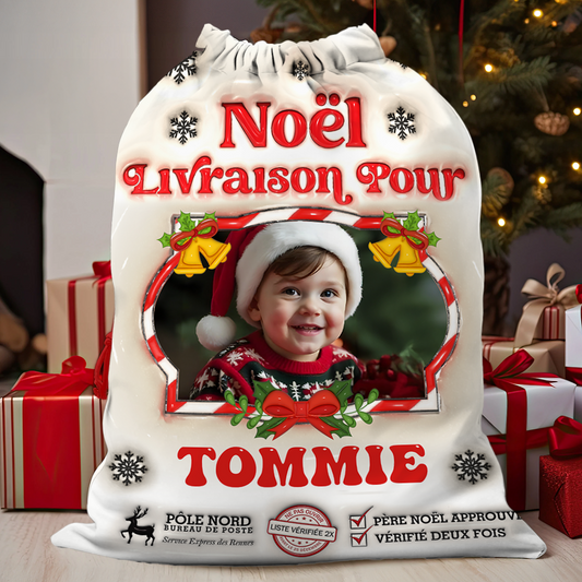 Hotte De Noël - Hotte Du Père Noël Personnalisée avec Nom et Photo - Sac Cadeau Personnalisé de Noël