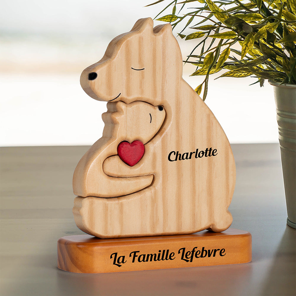 Puzzle Personnalisé De Famille Monoparentale Avec Support - Puzzle De Famille D'ours En Bois - Sculptures D'animaux En Bois