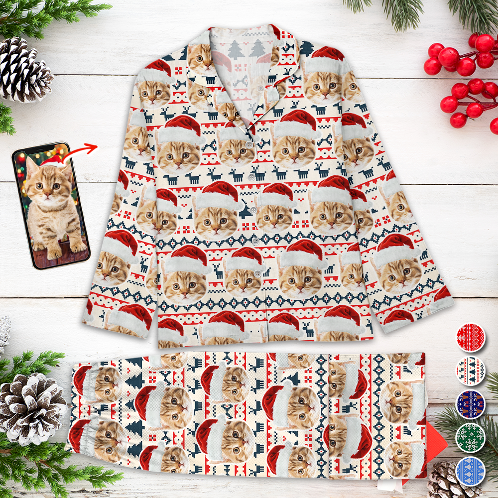 Pyjamas Personnalisés avec Photo de Chat pour Noël - Set Pyjamas Personnalisés avec Visage Humain - Chien & Chat