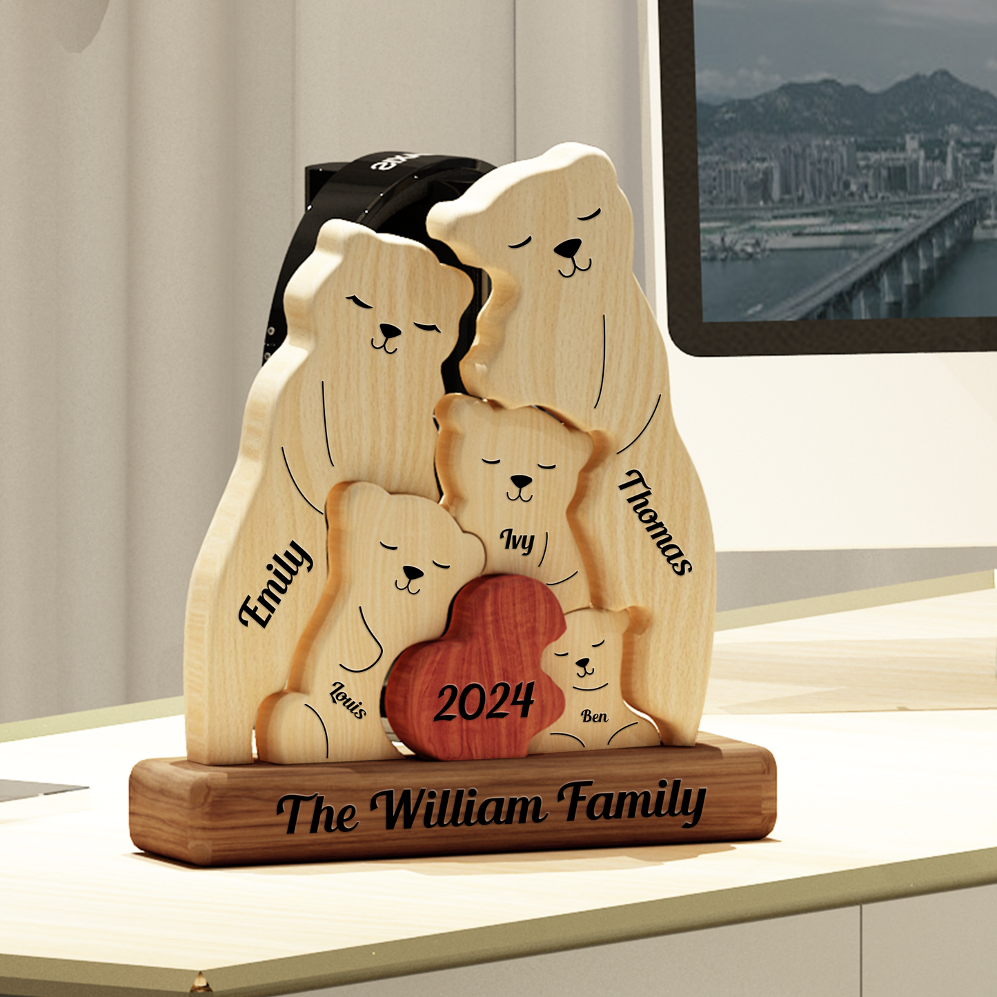 Famille d'Ours en Bois - Puzzle De Famille en Bois - Sculptures d'Animaux en Bois