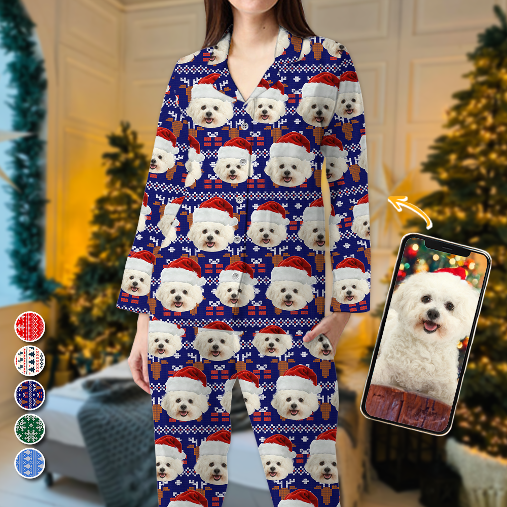 Pyjamas Personnalisés avec Photo de Chat pour Noël - Set Pyjamas Personnalisés avec Visage Humain - Chien & Chat