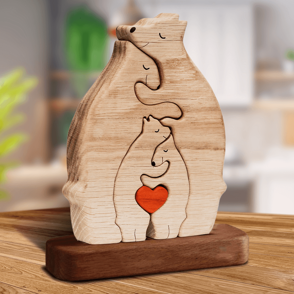 Ours Familial en Bois Non Personnalisé – Sculptures d’Animaux Familiaux en Bois