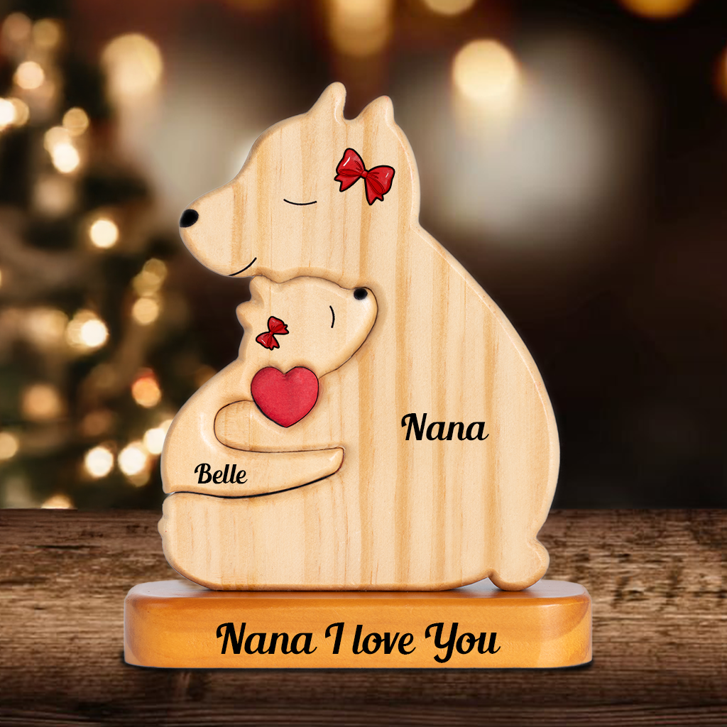 Famille Monoparentale Personnalisée avec Socle - Puzzle D'Ours en Bois avec Écharpe - Sculptures d'Animaux en Bois de Noël