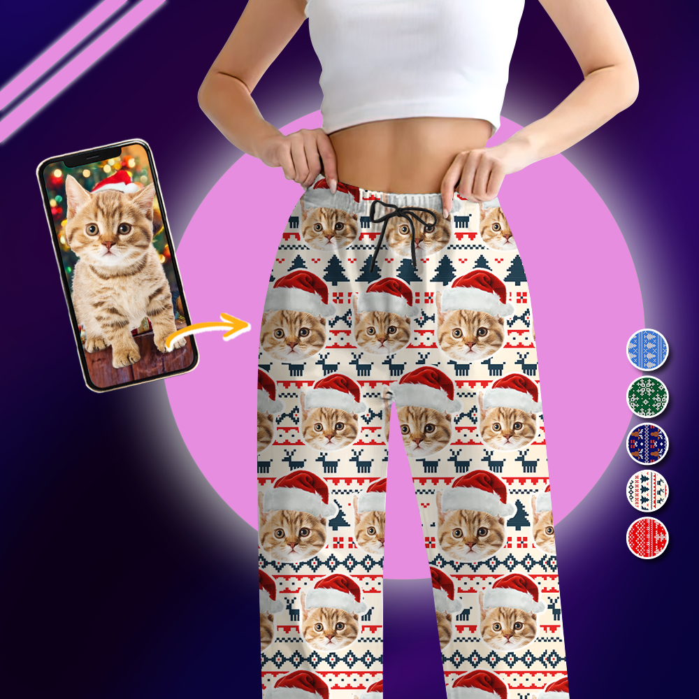 Pyjamas Personnalisés avec Photo de Chat pour Noël - Set Pyjamas Personnalisés avec Visage Humain - Chien & Chat
