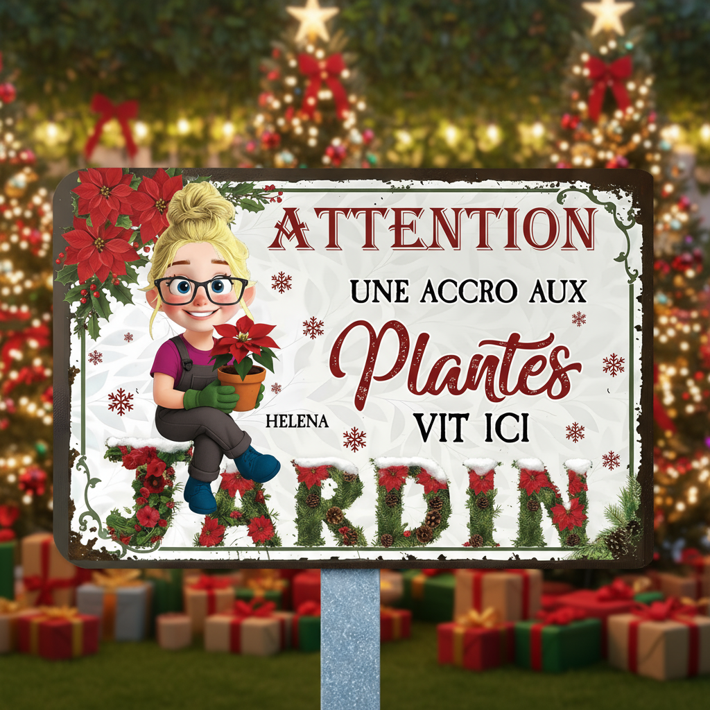 Attention ! Une Accro Aux Plantes Vit ici Bienvenue Au Jardin Noël – Plaque En Métal Personnalisée